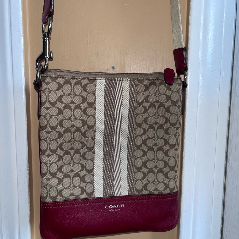 Coach Red and Tan Crossbody Bag with Signature Style